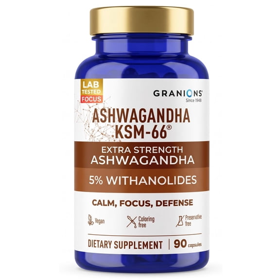 Granions KSM66 Ashwagandha Supplements - 1,050 mg, 5% Withanolides - Vegan Stress & Focus Support - 90 Capsules
