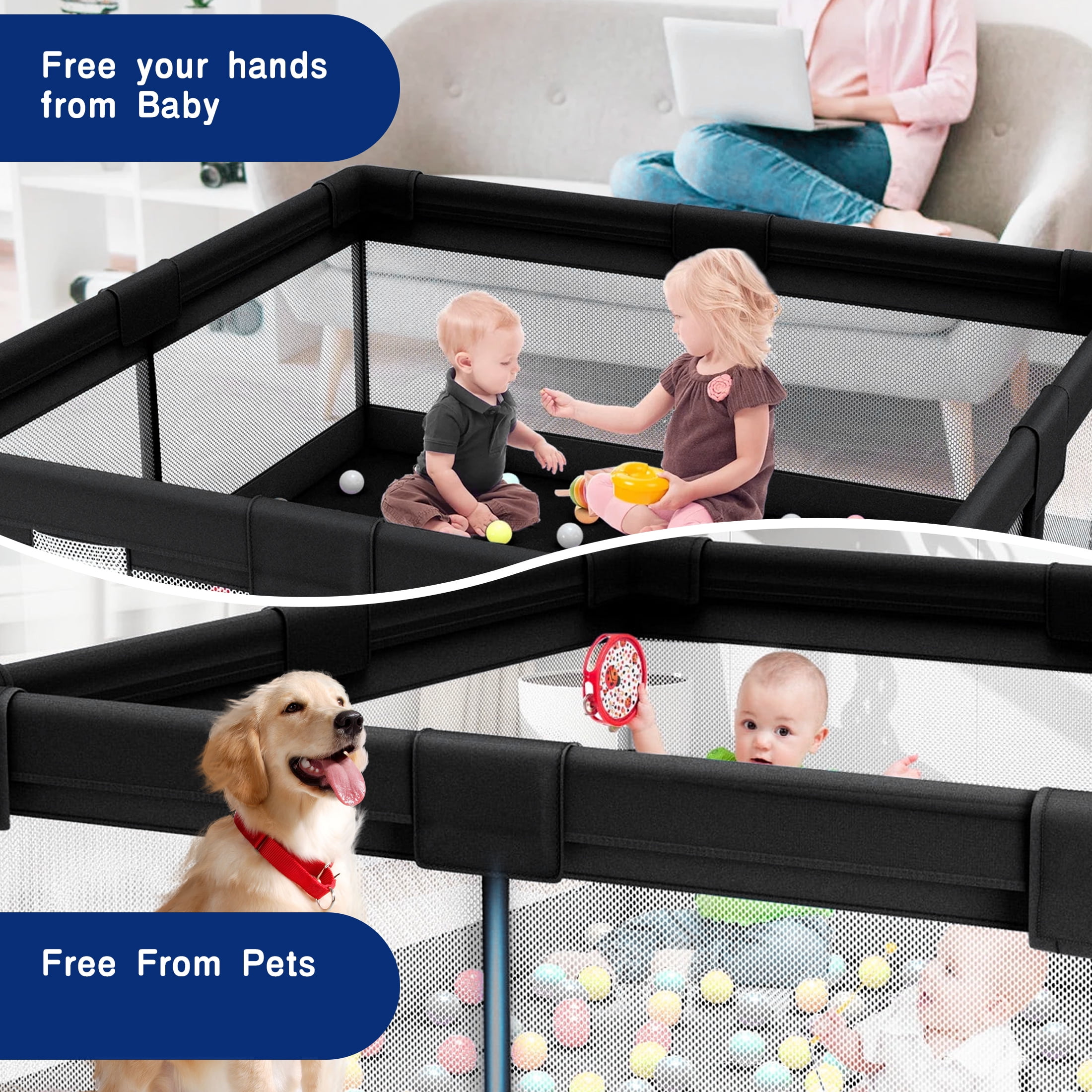 HioHa Large Baby Playpen with Mat | Premium Spacious Play Yard (71“), Sturdy Steel Frame & See-Through Mesh for Safety | Easy Fold, Portable for Indoor Outdoor Use