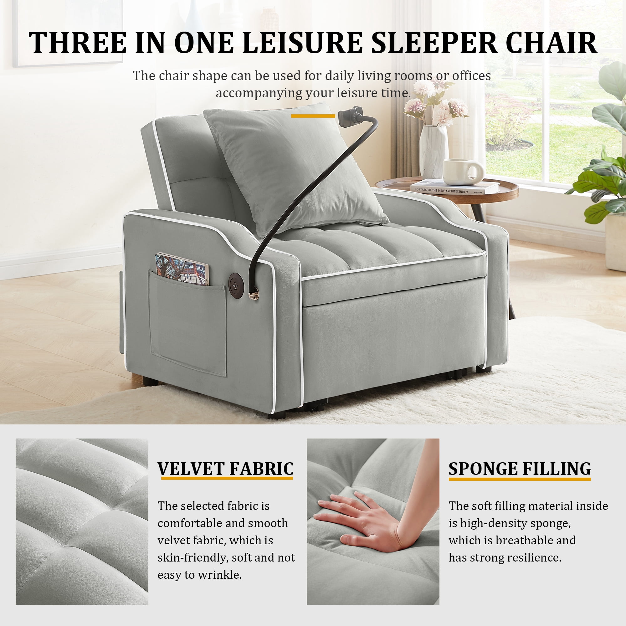 MOONMISS 3 in 1 Sleeper Sofa Chair Bed,Velvet Adjustable Recliner with Charge Ports&Phone Holder,Gray