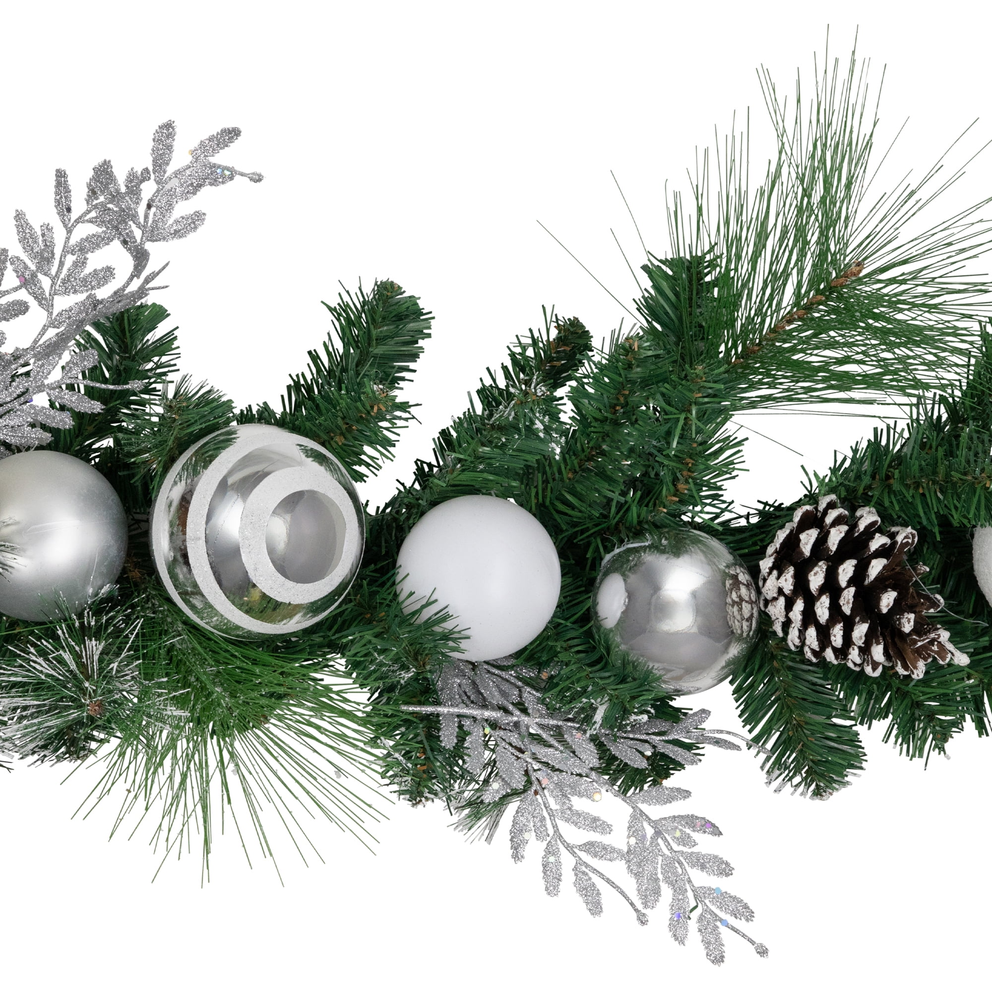 6' Green Pine Needle Garland with Pinecones and Striped Christmas Ornaments Unlit