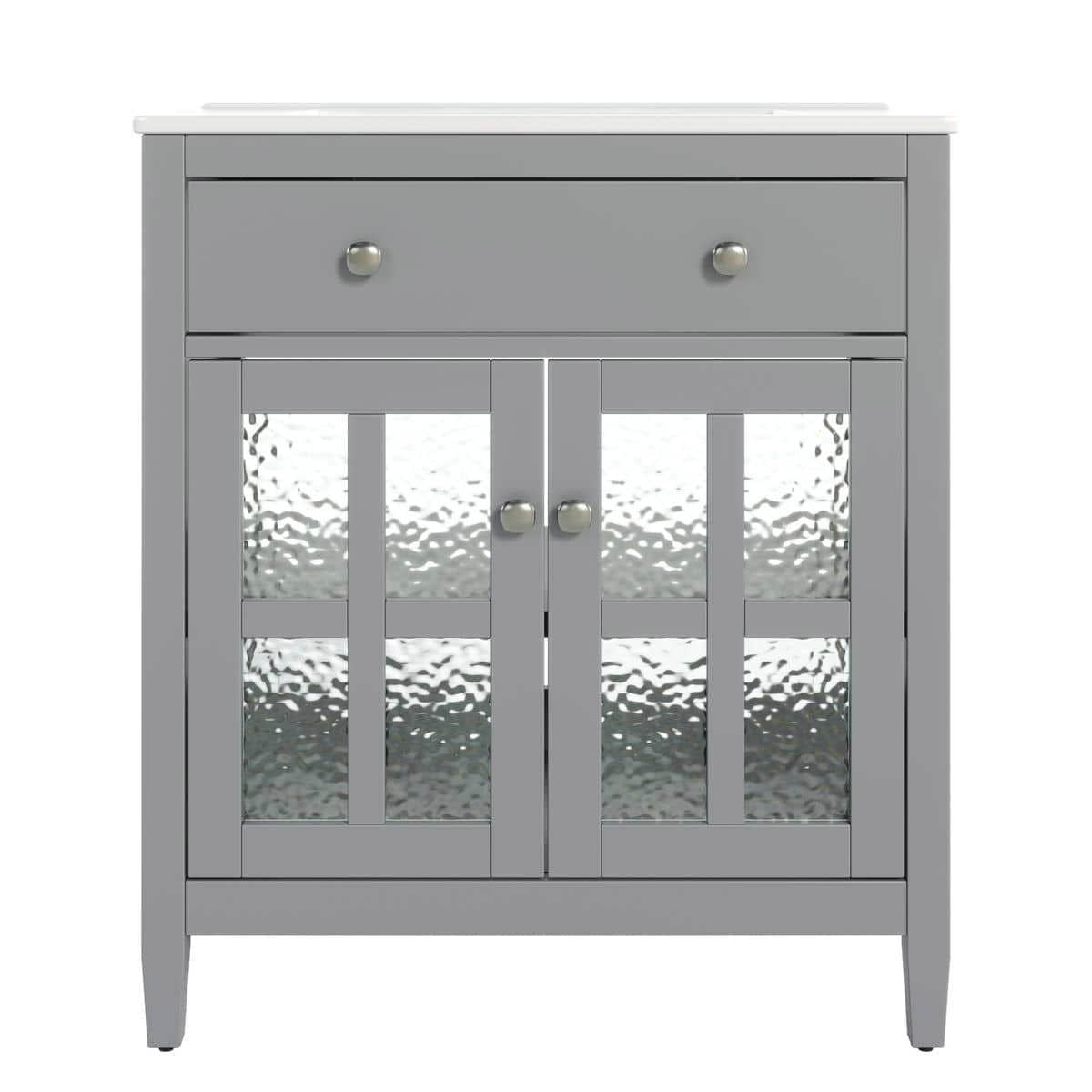 Resenkos 30" Bathroom Vanity with Ceramic Sink, Solid Wood Legs, Adjustable Shelf, Tip-Out Tray, Silver Metal Knobs, Soft Close Hinges - Gray