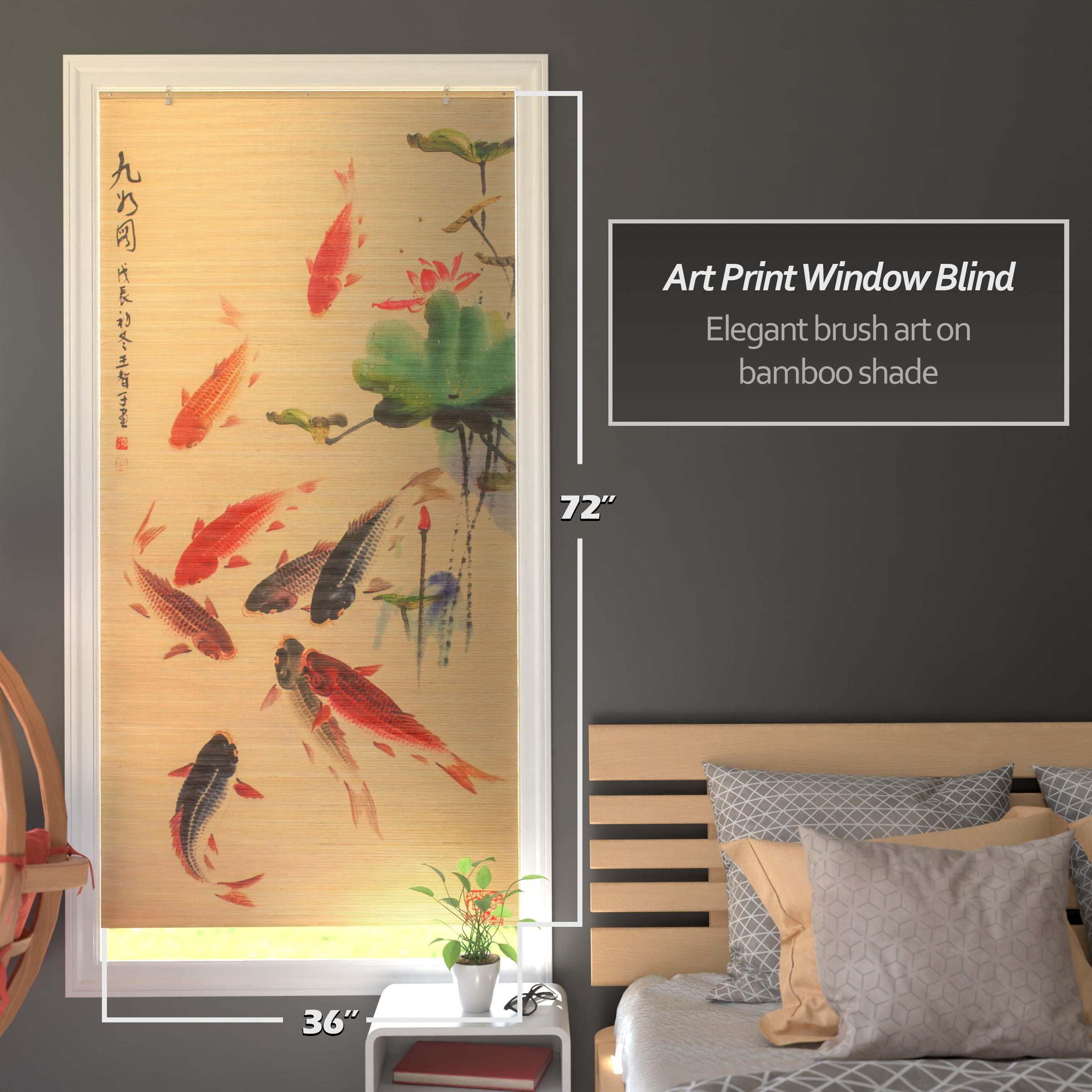 Red Lantern Bamboo Window Shade Blind - Koi Pond 36" W