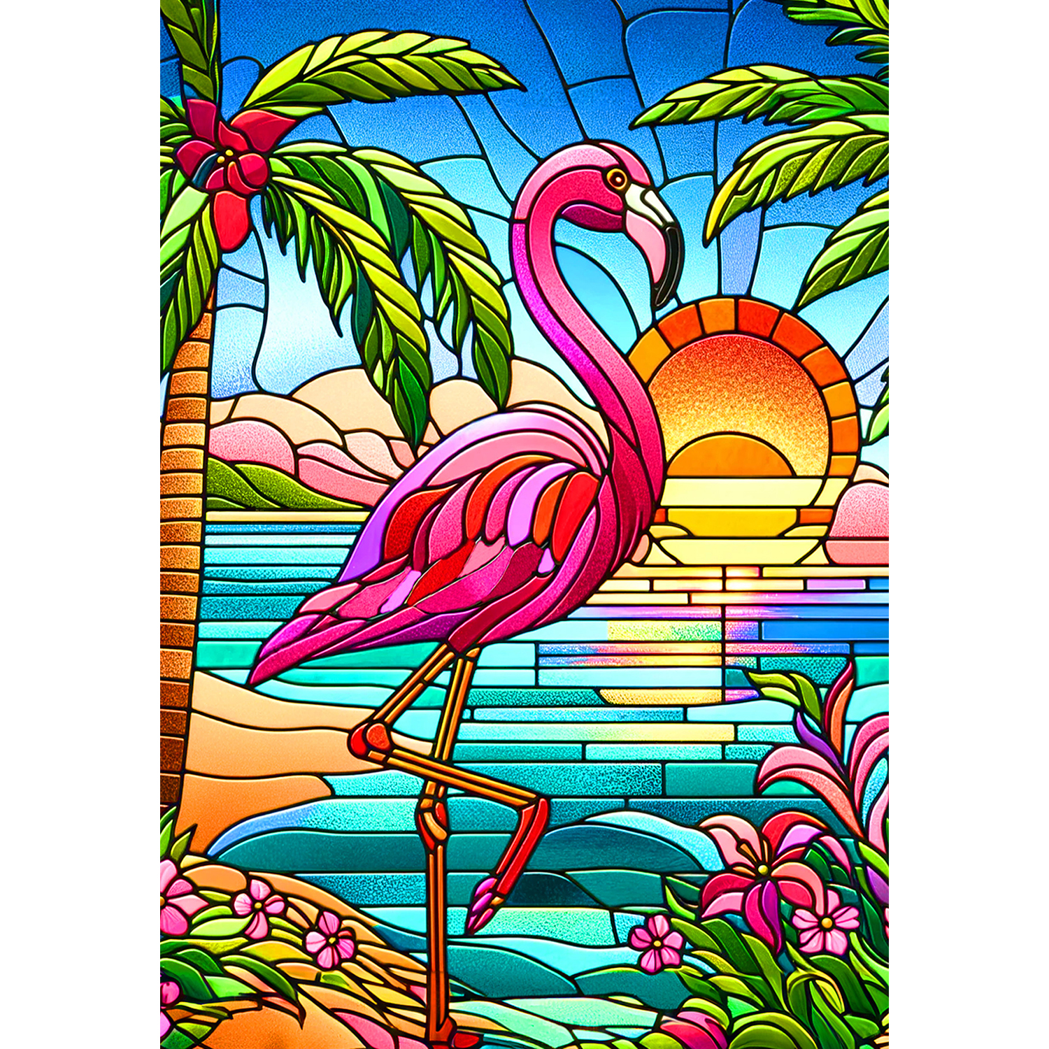 America Forever Summer Flamingo House Flag, 28 x 40 inch Double Sided, Retro Style Stained Glass Summer Beach Decorative Seasonal Outdoor Decor, Holiday Outside Decorations Yard Flag