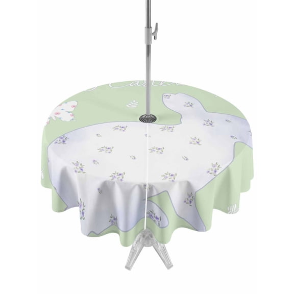 Outdoor Tablecloth with Umbrella Hole and Zipper, Happy Easter Bunny Round Table Cloth 54 Inch Waterproof Tablecloth, Rabbit Butterfly Spring Flowers Green Picnic Table Cover for Patio Camping