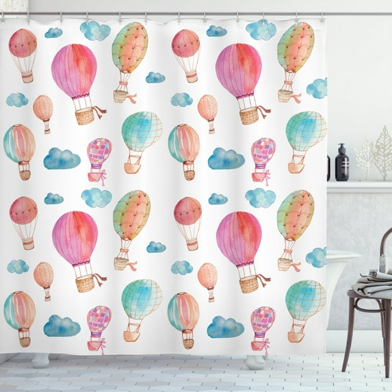 Ambesonne Watercolor Shower Curtain, Air Balloons Clouds, 69"Wx84"L, Blue Pink Coral