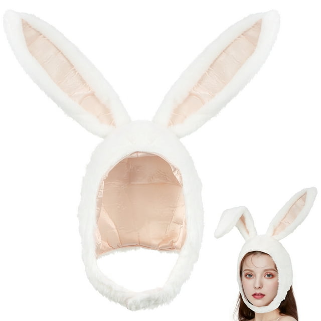 Gorro de conejo de dibujos animados con orejas móviles de peluche para mujeres y niñas (negro)