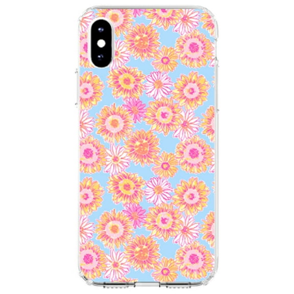 DistinctInk Clear Shockproof Hybrid Case for iPhone X / XS (5.8" Screen) - TPU Bumper, Acrylic Back, Tempered Glass Screen Protector - Preppy Pattern - Blue Pink Yellow Flowers Floral