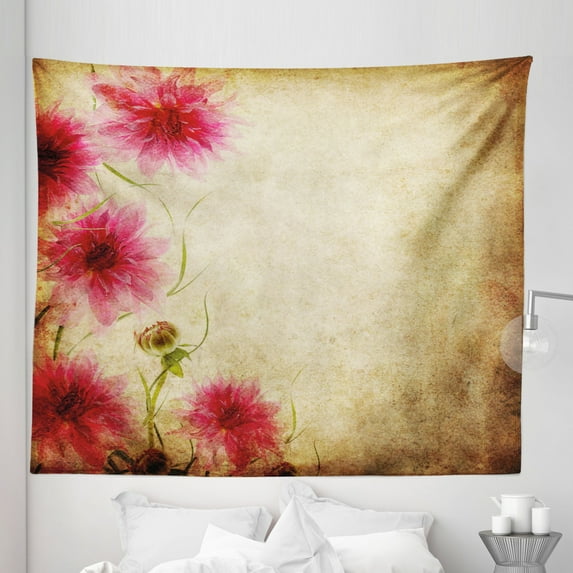 Floral Tapestry, Retro Flowers on Old Grunge Paper Background Nostalgic Background Bouquet Print, Fabric Wall Hanging Decor for Bedroom Living Room Dorm, 5 Sizes, Sand Brown Pink, by Ambesonne