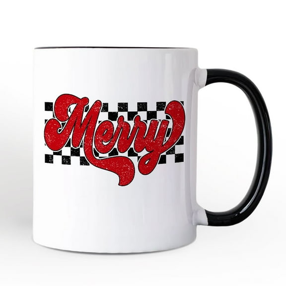 Merry Retro Personalized Mug, Christmas Checkered Gift with Custom Name