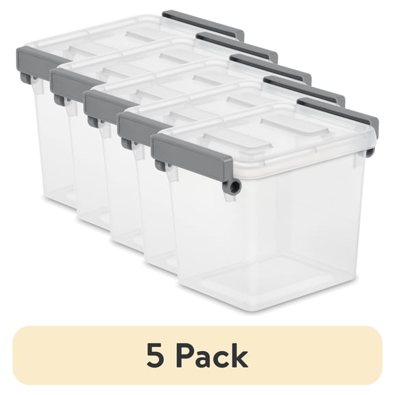 (5 pack) Sterilite Modular 2.5 Quart Small Latching Storage Bin, Clear Plastic Stacking Storage Container with Write-on ID Latches, Gray