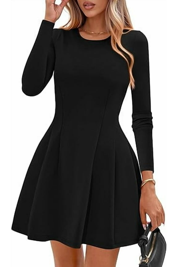 Long Sleeve Mini Dress for Women Fall Crewneck Knit Pleated Babydoll A Line Soft Casual Short Party Dresses