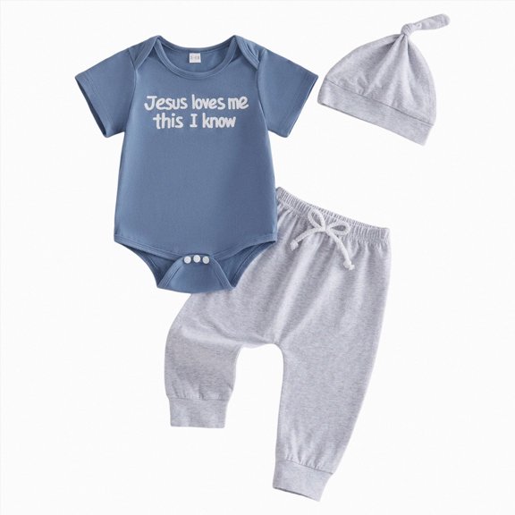 mgoYE Newborn Baby Boy Clothes Letter/Pattern Printed Romper Jumpsuits One Piece Infant Coming Home Outfit 3Pcs Clothing Set(Blue,0-3 Months)