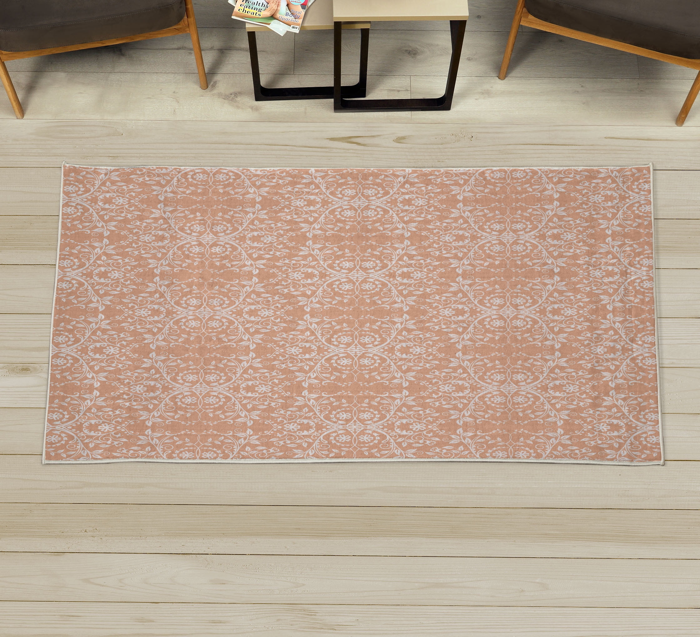 Victorian Peach Color Rug Floral Decorative Rug, Victorian Lace Flowers and Leaves Retro ...