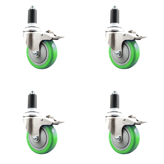 4 Inch 316SS Green Poly Swivel 1-3/8 Inch Expanding Stem Caster Set Lock Brake