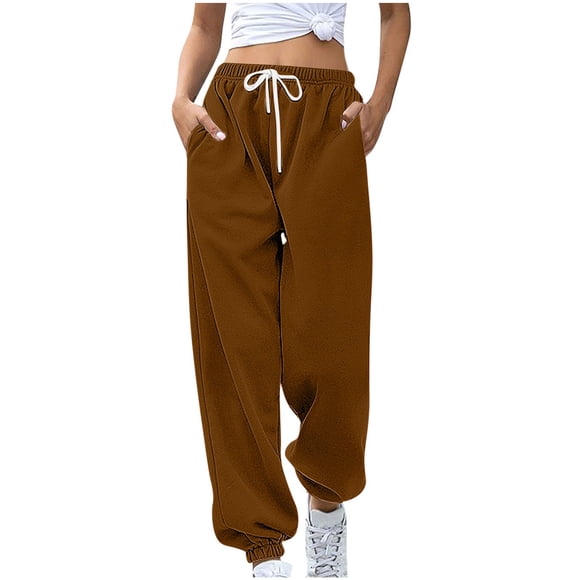 Pcksrro Sweatpants for Womens With Pockets Baggy Wide Leg Casual Pants Drawstring Waist Sweat Pants With Cuffed Bottoms