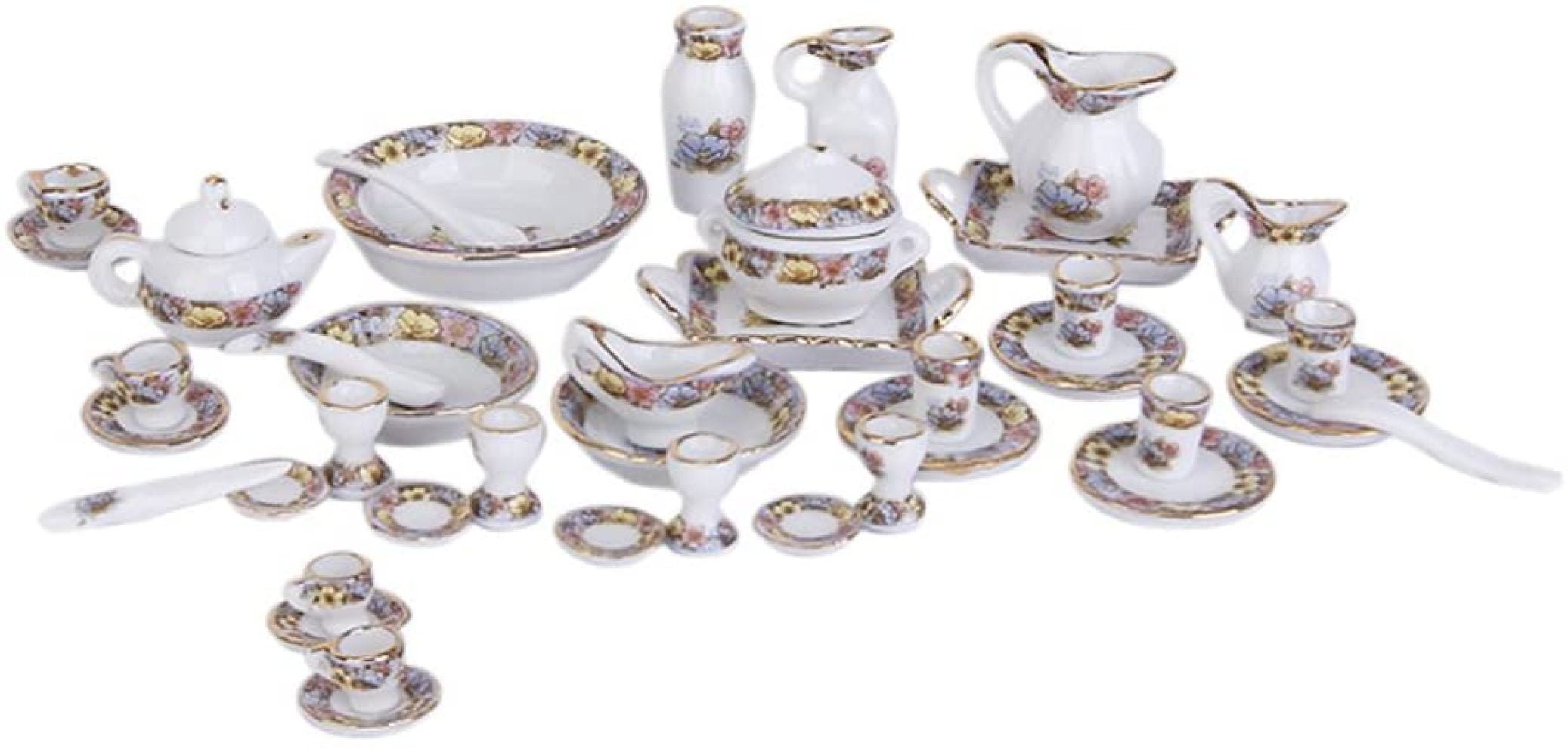 1:12 Dollhouse Miniature Flower Dinnerware Porcelain Tea Set Dish Cup Plate 40pc 