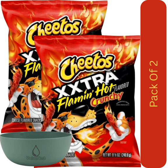 Cheetos Crunchy XXTRA Flamin' Hot Cheese Flavored Snack Chips, 8.5 oz Bag With Olive Green Bowl By ValueNest