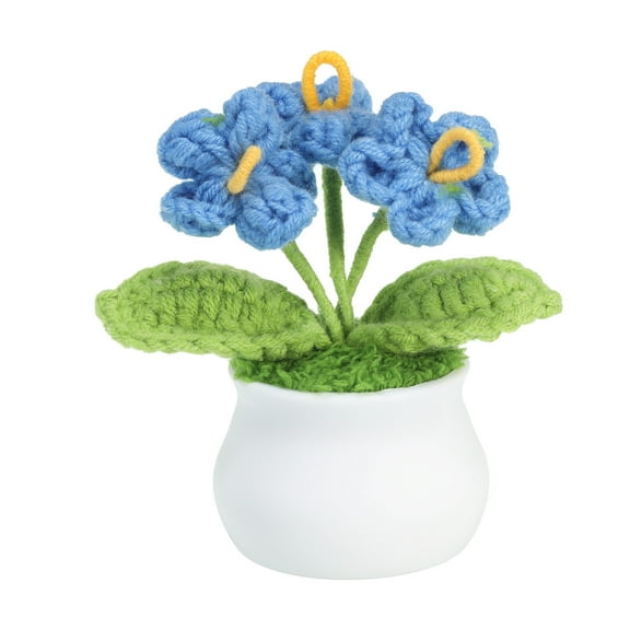 Uxcell Crochet Flowers Handmade Knitted 3 Head Forget Me Not Artificial Flowers with Stem, Blue