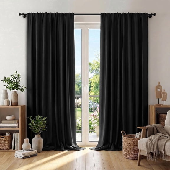 XUEYU Window Curtains Blackout, Back Tab Curtains 96 Inch, 100% Blackout Curtains Darkening Light Blocking Curtains for Living Room Bedroom Full Light Blocking Curtains 2 Panel Set,W52 x L96, Black