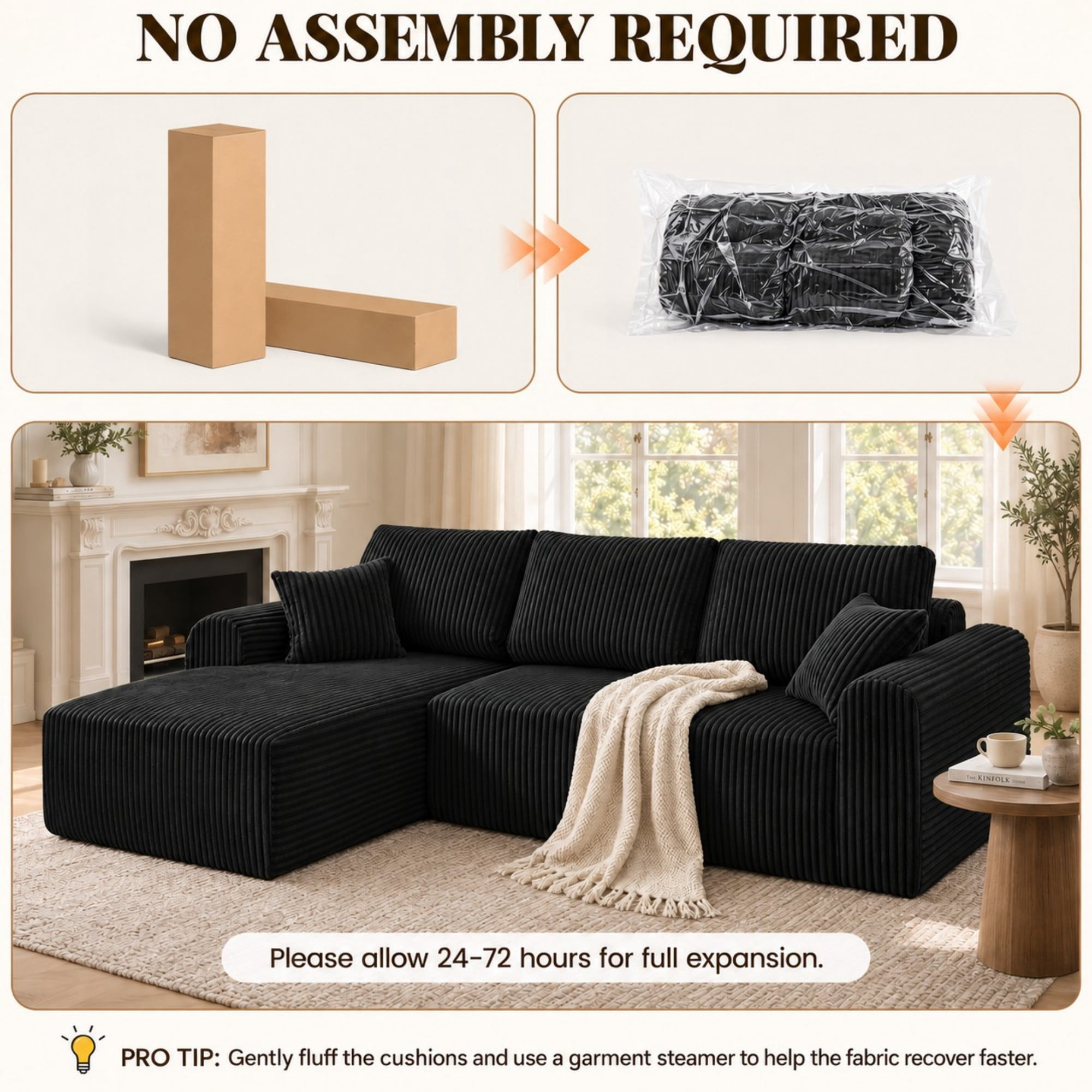 DEALTOPS 109" Corduroy L-Shape Floor Cloud Couch, Deep Seat Modular Sectional Sofa, Left Chaise, Black