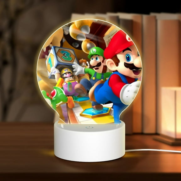 Super Mario Luigi Round Acrylic Night Light Decoration USB Cable LED Lamp Base with Touch Control Adjustable 3 Light Modes Nightlight Decor
