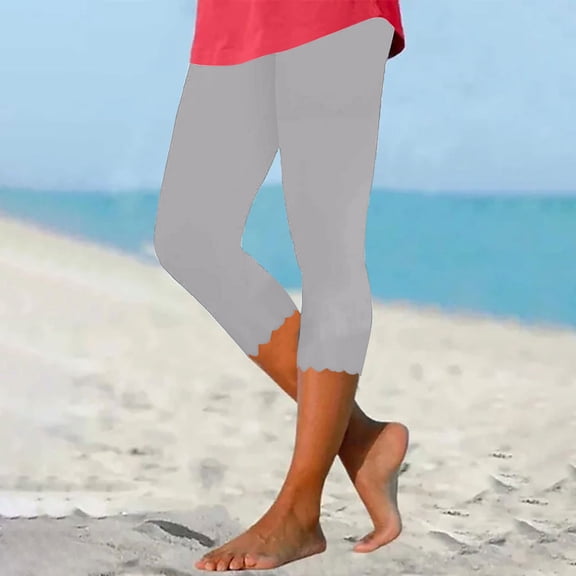 Women's Summer High Waisted Solid Color Capris Matching Fitting Yoga Gym Pants Gray XL