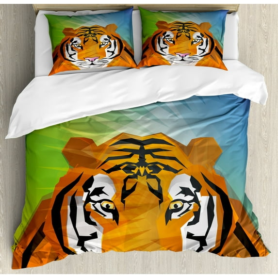 Safari Duvet Cover Set Queen Size, Illustration of a Portrait Animal Artwork of a Tiger Staring Wild Jungle Creatures, Decorative 3 Piece Bedding Set with 2 Pillow Shams, Multicolor, by Ambesonne