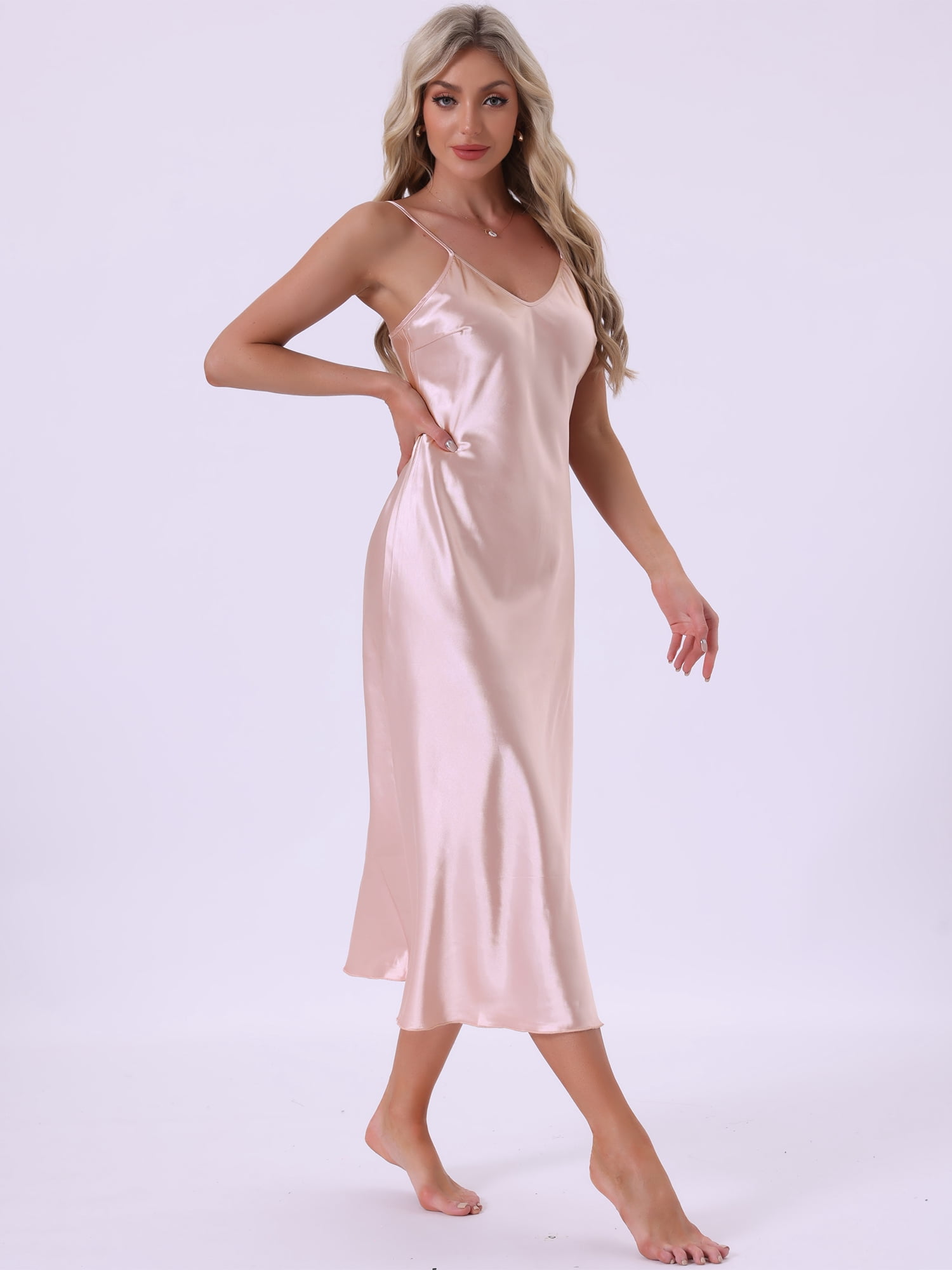 DARING DIVA Women's 2pcs Satin Silky Soft Midi Camisole Robe Set S Pink