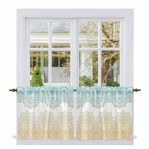 Teal Yellow Boho Tier Curtains, Vintage Ethnic Tribe Abstract Art Light Filtering Kitchen Curtains, 2Pcs Rod Pocket Half Window Treatments Panels for Sink Cafe Cabinet Camper 27.5x36 Inches