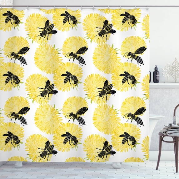 Bee Shower Curtain, Bees and Dandelion Flowers in Nature Detail Theme on White Background Print, Fabric Bathroom Set with Hooks, 69W X 84L Inches Extra Long, Yellow Black and White, by Ambesonne