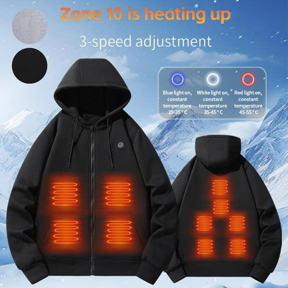 LpwkSSA Men's Heated Fleece Coat Zipper 1 Control 10 Areas Heat Heating Puffer USB Charging Long Sleeve Hooded Outwear Coat Black L