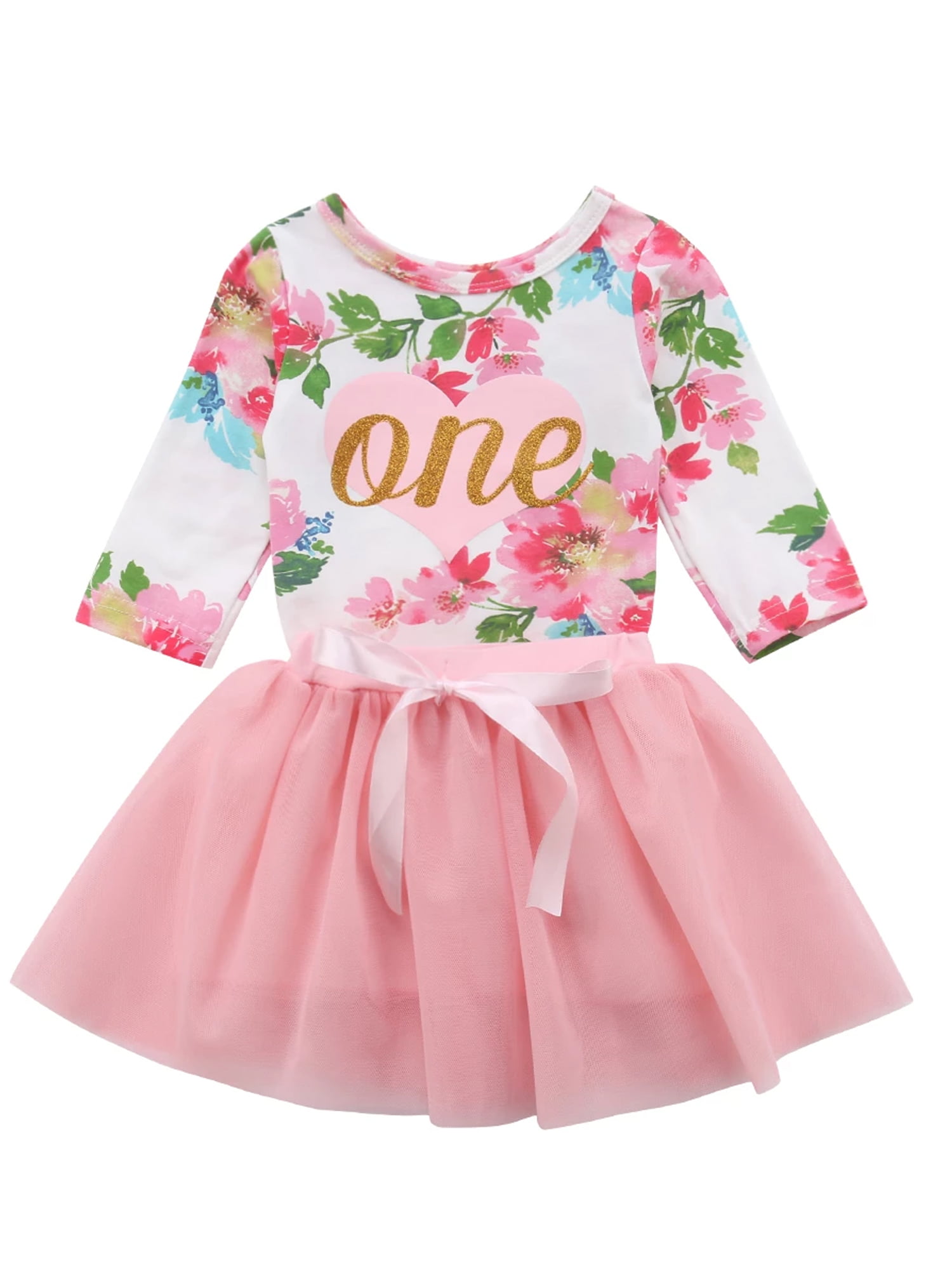 2Pc Baby Girls' 1st Birthday Tutu Dress Sleeveless Floral Romper Top Lace Skirt 
