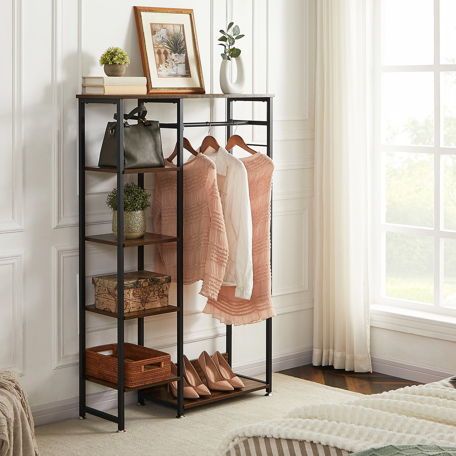 VECELO Freestanding Clothes Rack, Metal Organizer with Wood