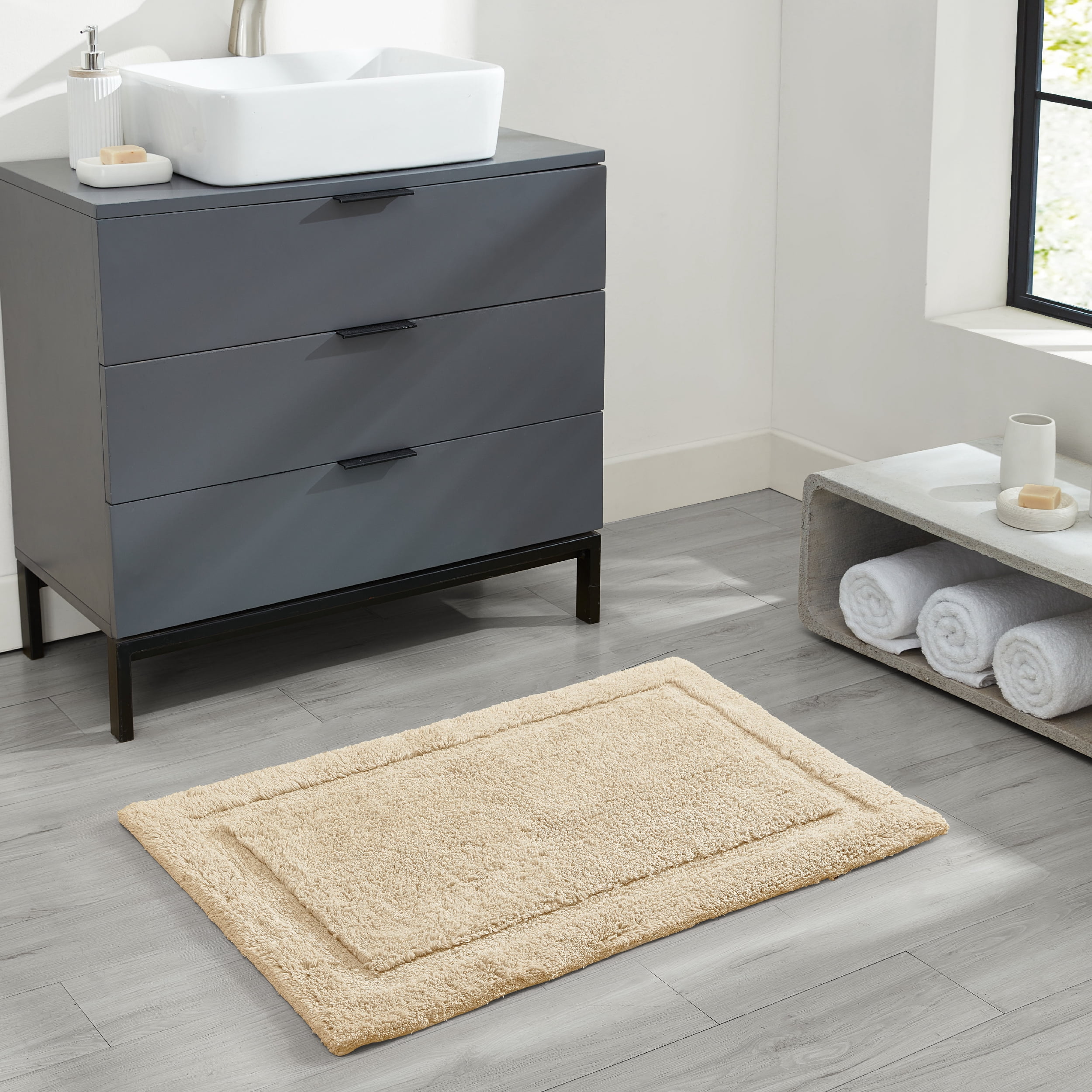 Jean Pierre New York Lydia Border 100% Cotton Bath Mat - Non-Slip Bath Rug - Ivory - 17"x24"