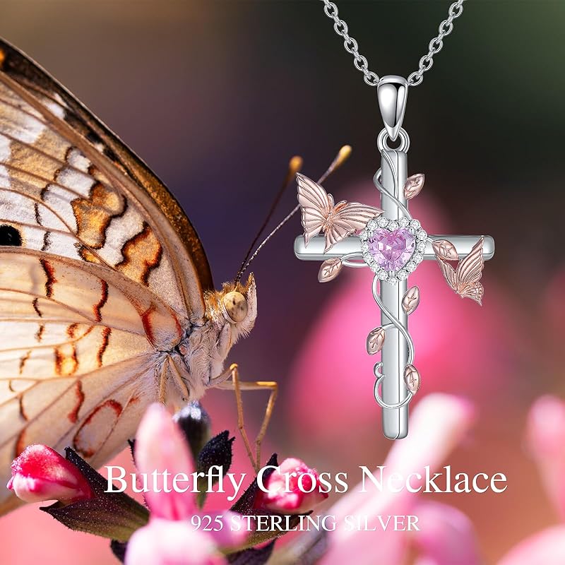 DVEATR Hummingbird/Butterfly Cross Necklace for Women 925 Sterling Silver Hummingbird Cross Necklace with Birthstone Animal Pendant daintyJewelry Gift for Women.