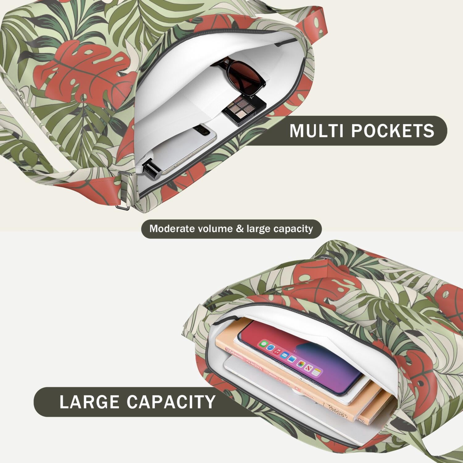 Tropical Palm Leaf Shoulder Bag for Women - Large Capacity Minimalist Travel Purse with Adjustable Strap & Multi-Pocket Design
