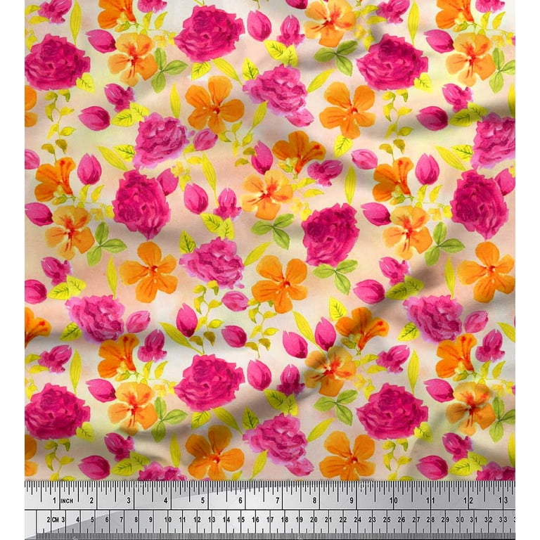 Soimoi White Poly Crepe Fabric Leaves & Rose Floral Print Sewing