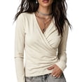 thumbnail image 5 of ZDNIXIAN Women Wrap V Neck Long Sleeve T Shirt ,Soft Stretchy Ruched Fitted Blouse, Casual Solid Color Surplice Front Slim Fit, 5 of 6