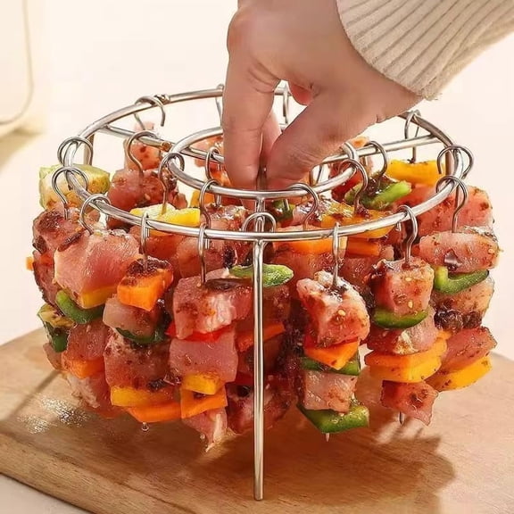 Skewer Stand Air Fryer Rack, Air Fryer Grill Accessories Kit with 24 Skewers, Stainless Steel Round Barbecue Rack & Vertical Hanging Meat Skewers for Air Fryer For Chicken On Smoker Oven (Silver)