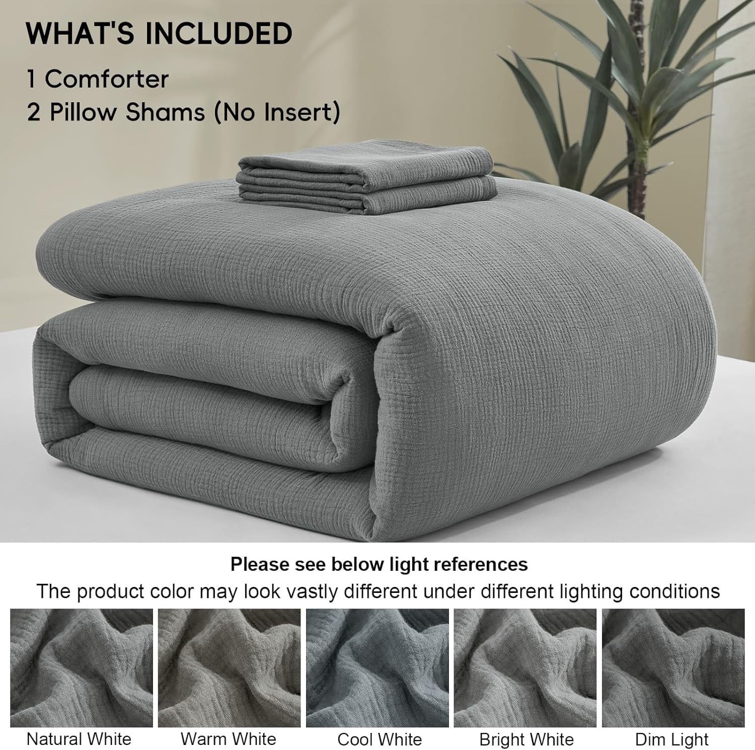 PHF Cotton Muslin Comforter Set King Size, Ultra Soft, Breathable & Lightweight Bedding Set for All Seasons, 1 Comfy Comforter 104"x90", 2 Pillow Shams 20"x36", Grey