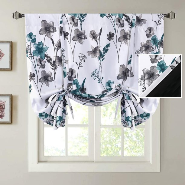 Cortinas 100 % opacas para atar para dormitorio, cortinas con aislamiento térmico, 45 pulgadas de largo, cortinas opacas con bolsillo para barra para ventana pequeña/baño con forro negro, piedra pómezCattleya en gris/verde azulado42 pulgadas de ancho x 45 pulgadas de largo
