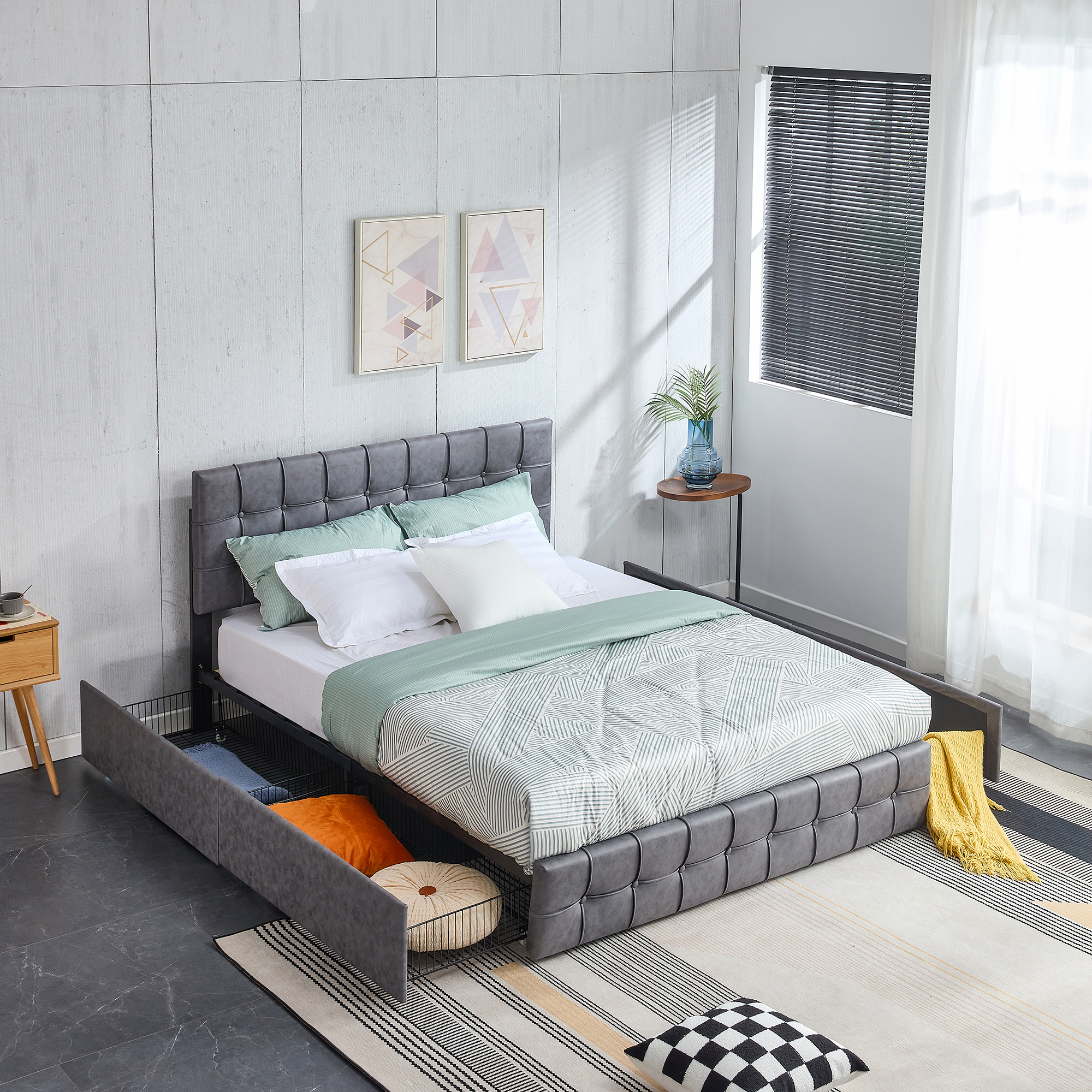 Royard Oaktree Queen Size Upholstered Storage Bed Frame with Adjustable