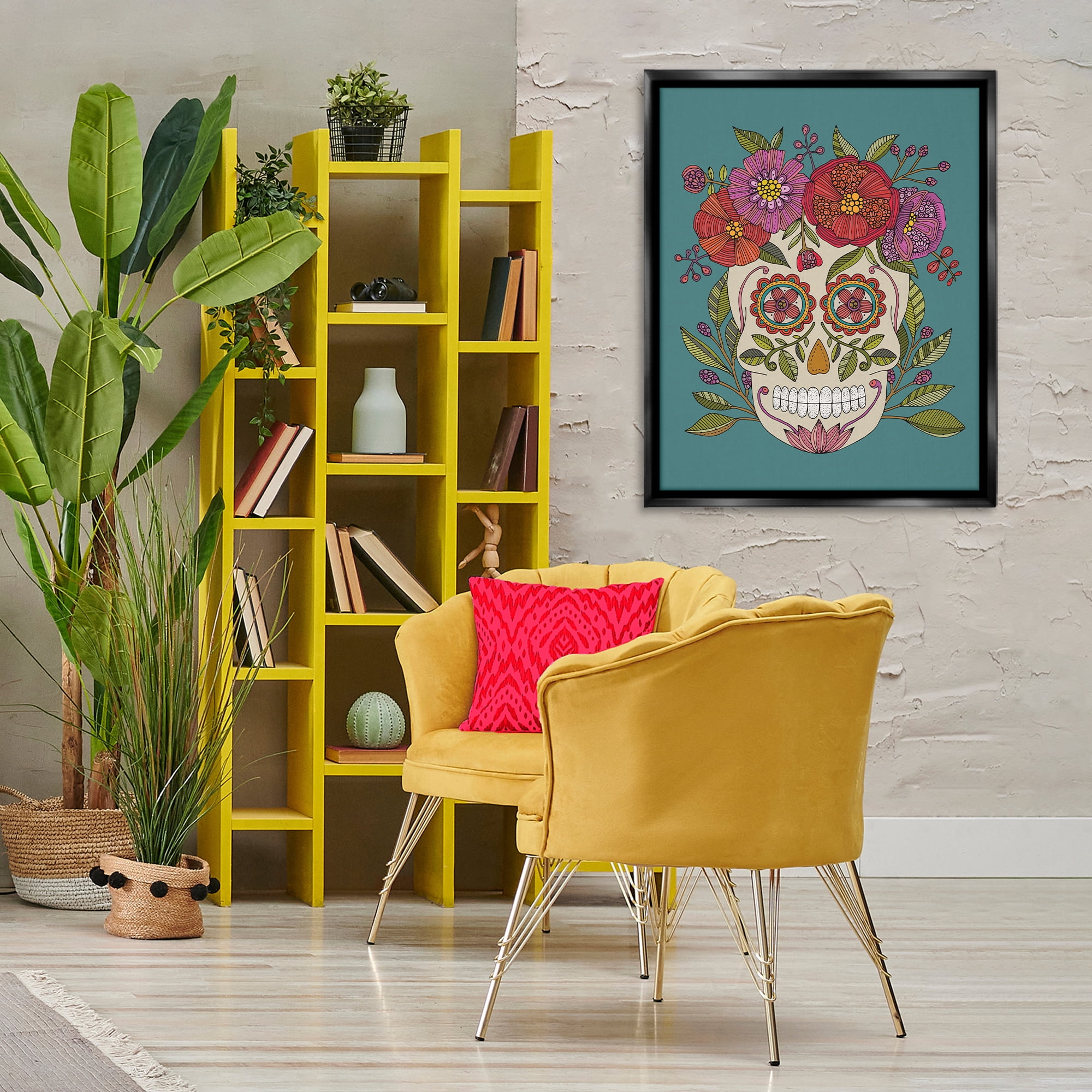Stupell Industries Floral Sugar Skull Holiday Painting Black Floater Framed Art Print Wall Art, 25 x 31