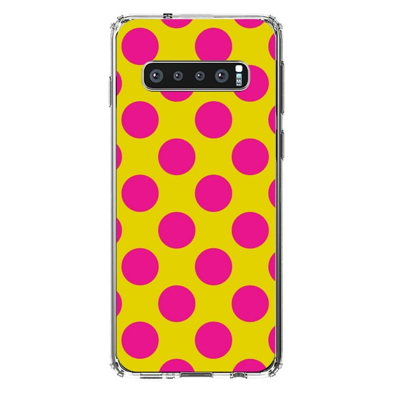 DistinctInk Clear Shockproof Hybrid Case for Samsung Galaxy S10  PLUS(6.4" Screen) - TPU Bumper, Acrylic Back, Tempered Glass Screen Protector - Yellow Hot Pink Polka Dots