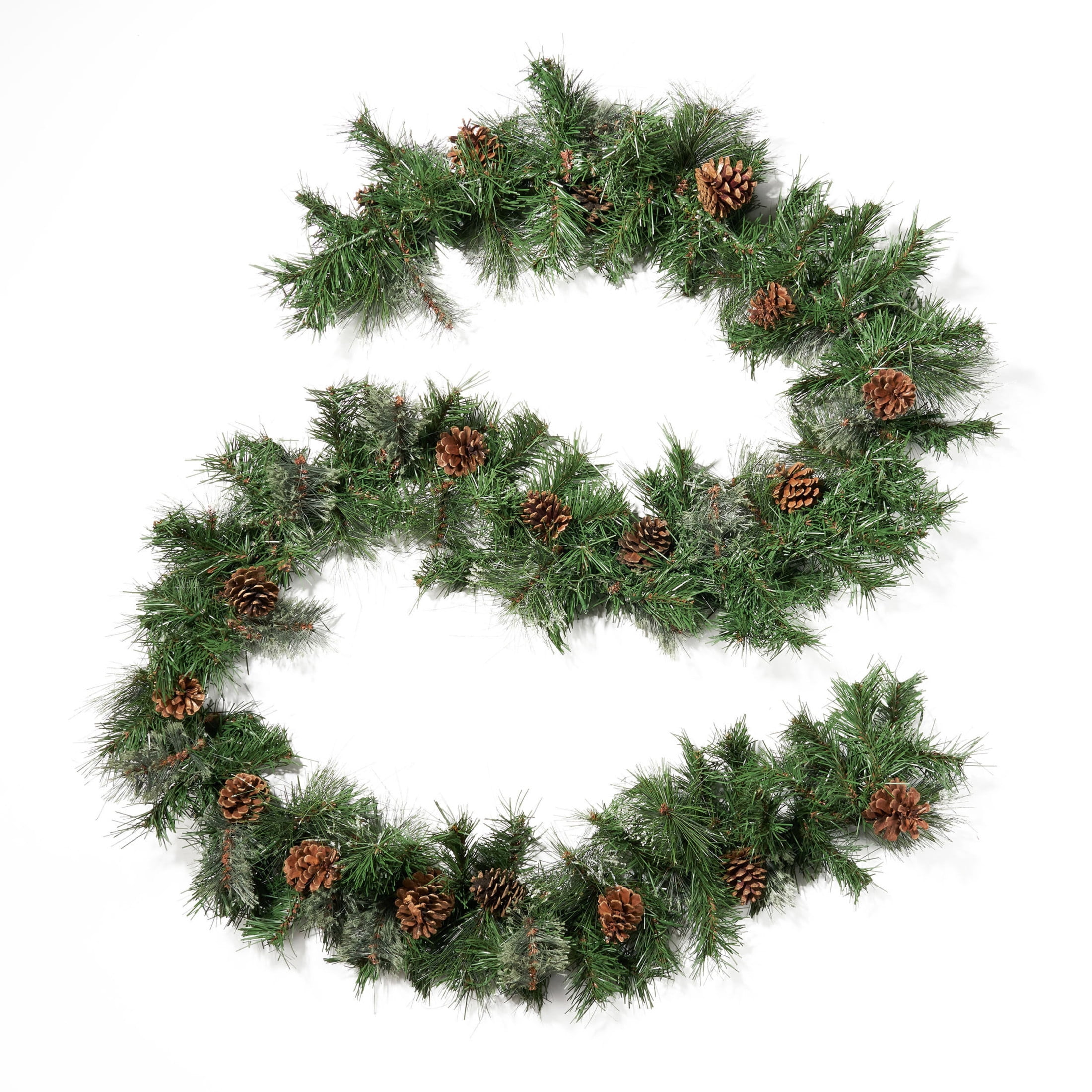 9’X10’’ Cashmere and Snow Bristle Garland with 20 Pine Cones and with 50 Warm White LED Lights with Timer-Battery Operated-Outdoor，160 Tips, Green