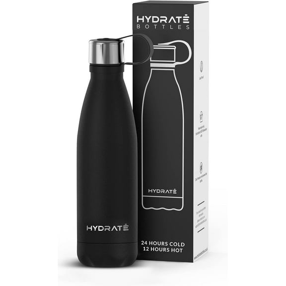HYDRATE Carbon Black Stainless Steel Water Bottle - 500ml - BPA Free, Insulated, Reusable - 24 Hours Cold & 12 Hours Hot