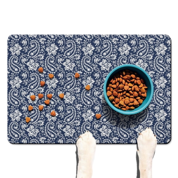 Boho Retro Floral Pet Feeding Mat-Colorful Floral Absorbent Pet Placemat for Food and Water Bowl, with Waterproof Rubber Backing, Quick Dry Water Dispenser Mat for Dog and Cat (16"x24")