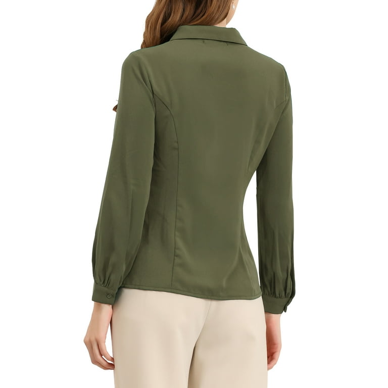 Unique Bargains Women's Peter Pan Collar Long Sleeve Work Office Shirt S  Army Green