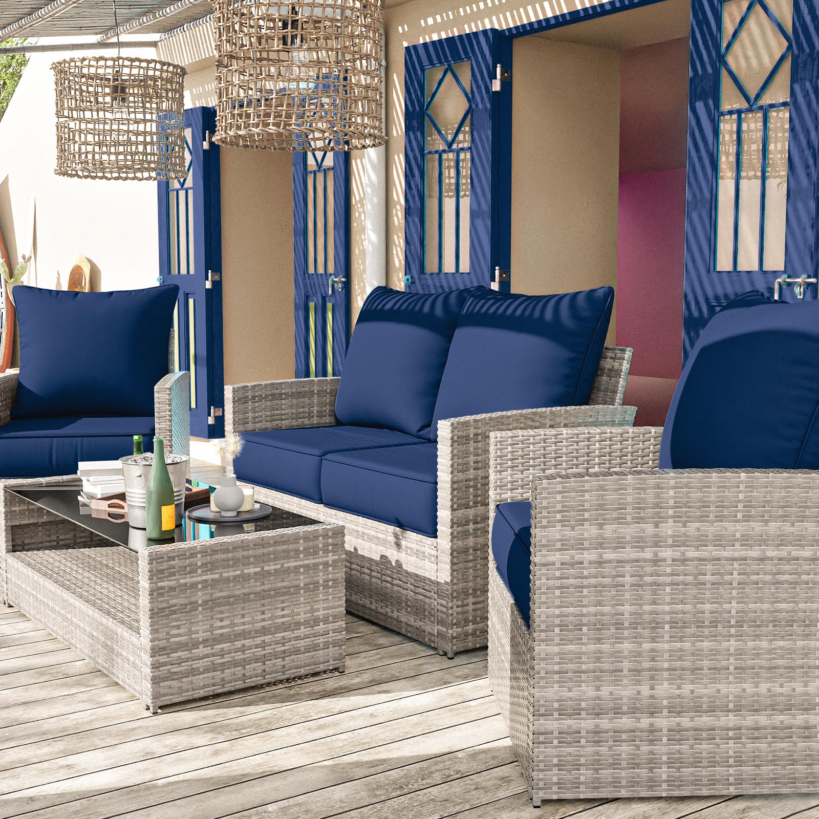 Snubbull Outdoor Deep Seat Cushion Set 24 X 24 X 6.5 Inch Splash-Proof & Fadeness Patio Furniture Cushions，Removable Outdoor Couch Cushions with Hidden Zipper & Adjustment Staps，Blue
