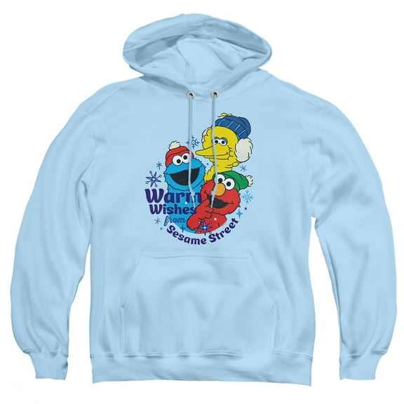 Sesame Street Elmo, Cookie Monster Warm Wishes For Christmas Adult Pull-Over Hoodie, Light Blue, Large
